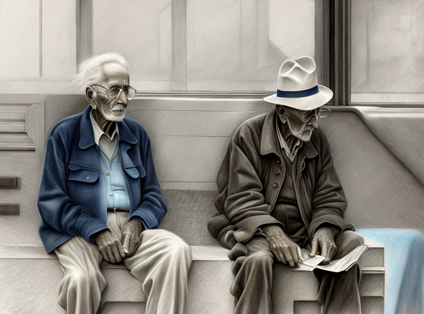 Elderly gentlemen on bench: one with glasses and blue jacket, one reading book with hat and