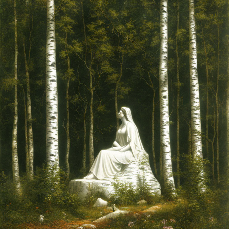 Woman statue among birch trees in serene forest landscape