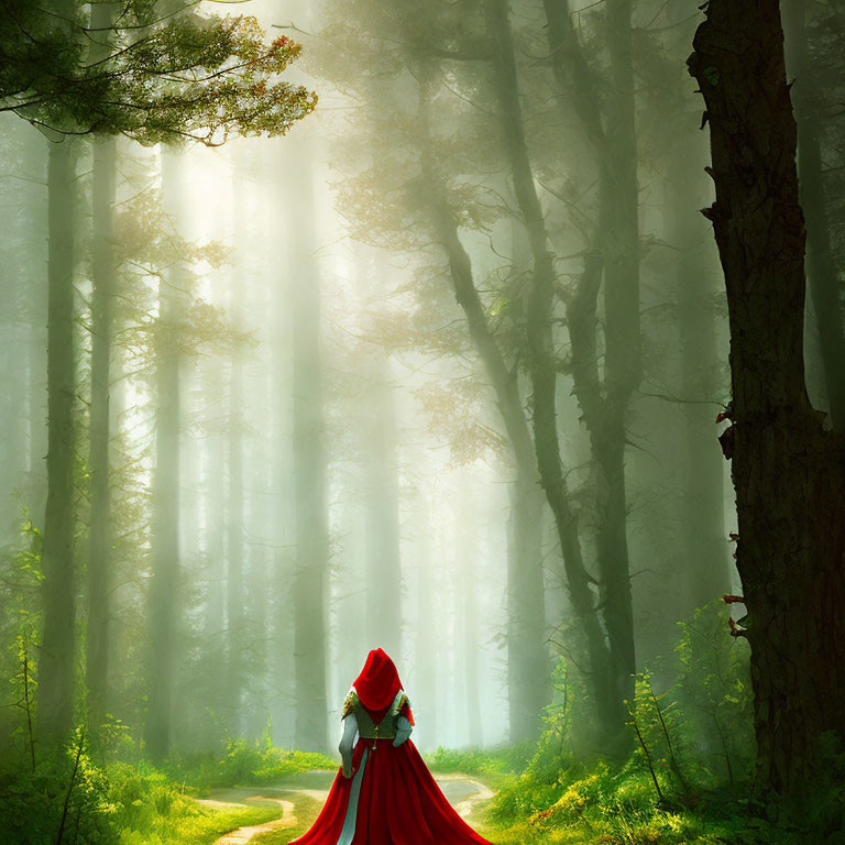 Person in Red Cloak Standing in Sunlit Forest Clearing