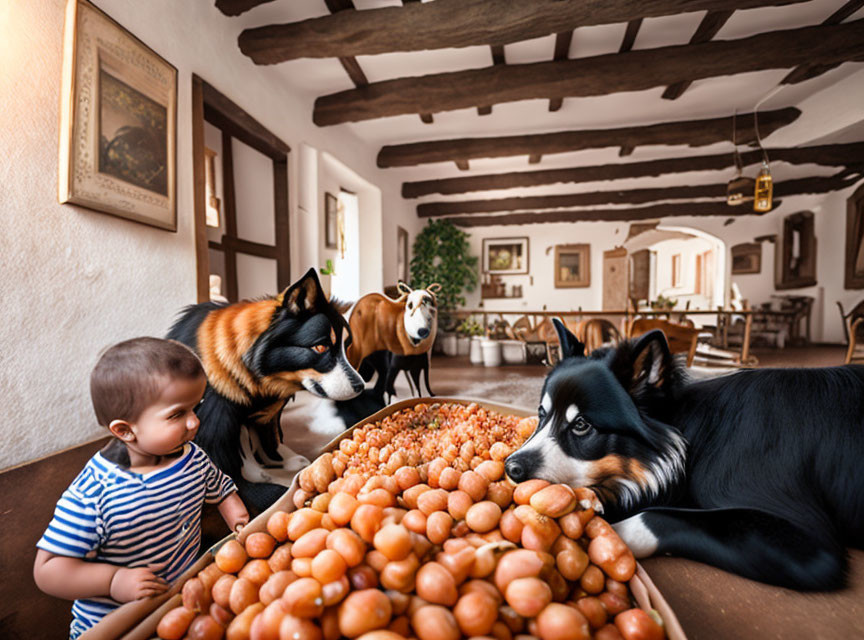 Toddler with dogs in rustic room with eggs