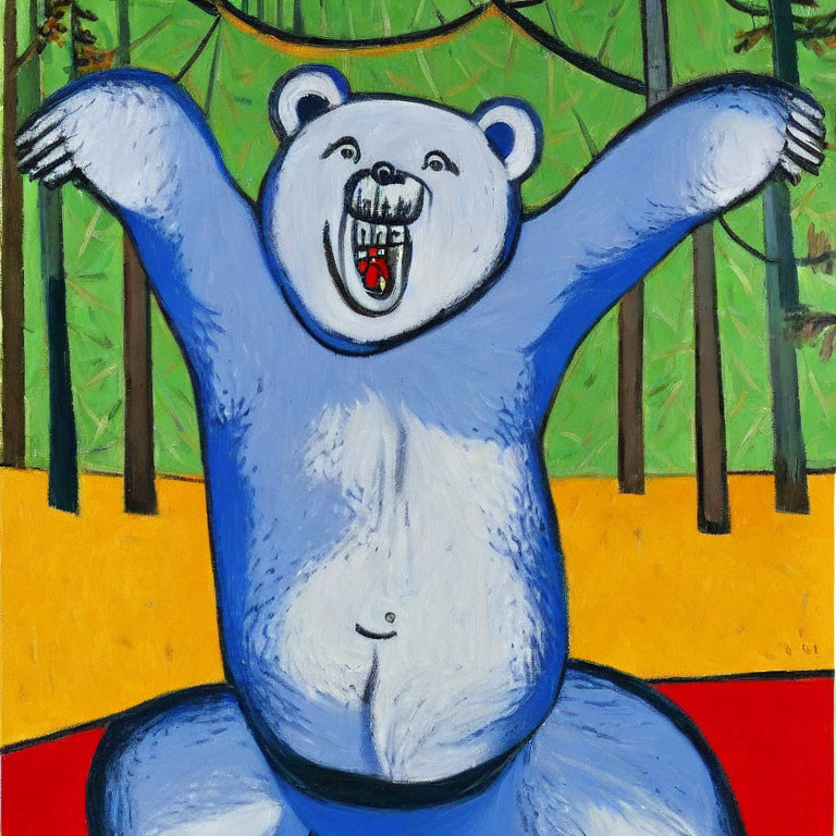 Cartoonish blue bear painting in nature scene