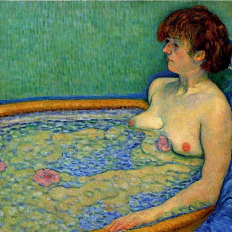 Post-Impressionist style painting of woman by circular pool with pink water lilies