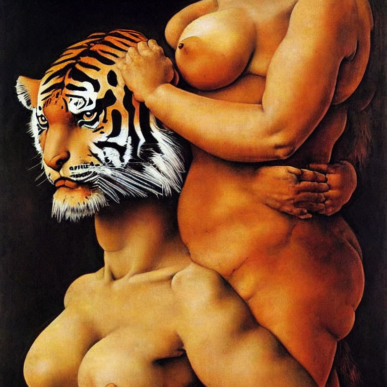 Surreal painting: Tiger-headed figure with limbless person in dark setting