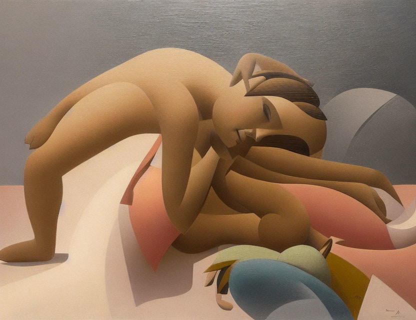 Stylized painting of reclining nude figure on colorful drapery