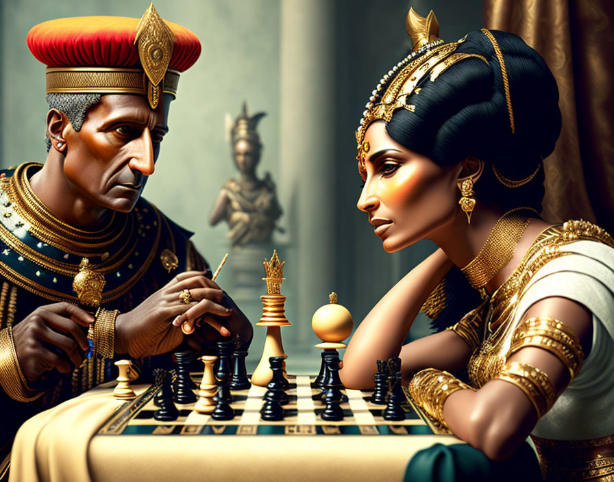 Royal attire individuals play chess with intense expressions.