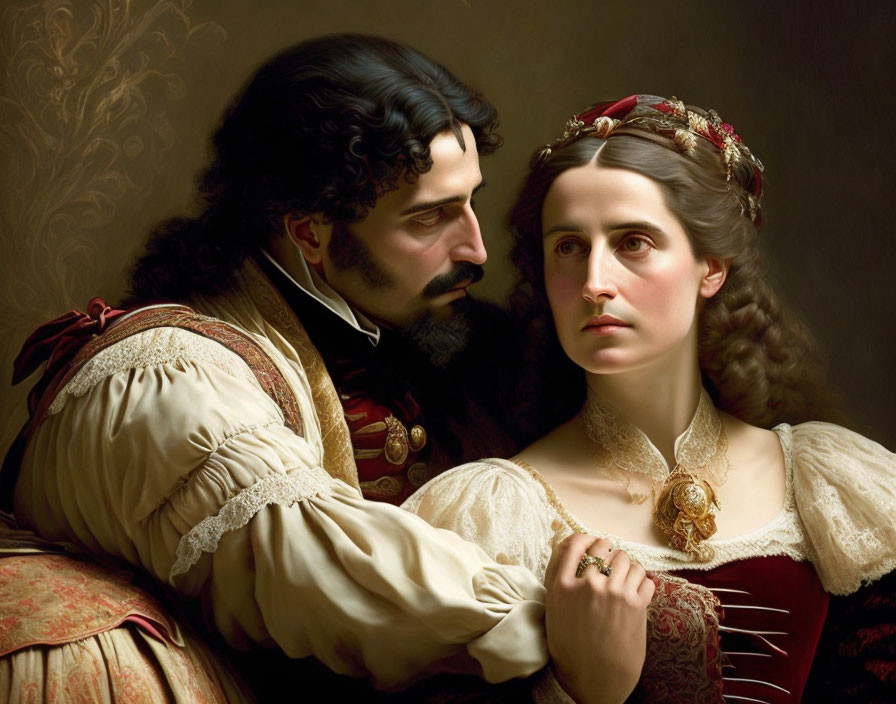 Man in period attire whispering to woman in Renaissance dress with rich colors.