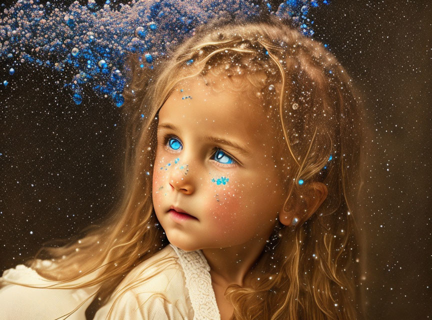 Dreamy young girl with blue glitter and stars in her hair on sparkling brown backdrop