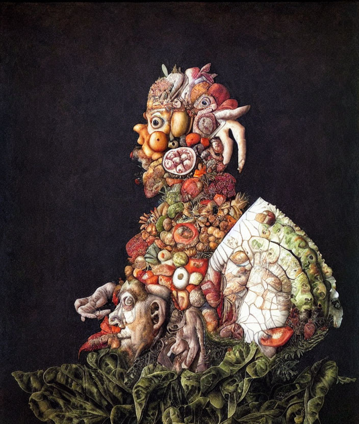 Still life artwork featuring a human figure made of food items and surrounded by lush greenery