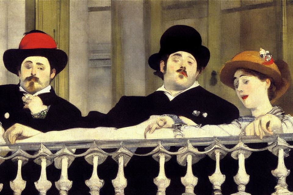 Late 19th Century Trio in Elegant Attire on Balcony Railing