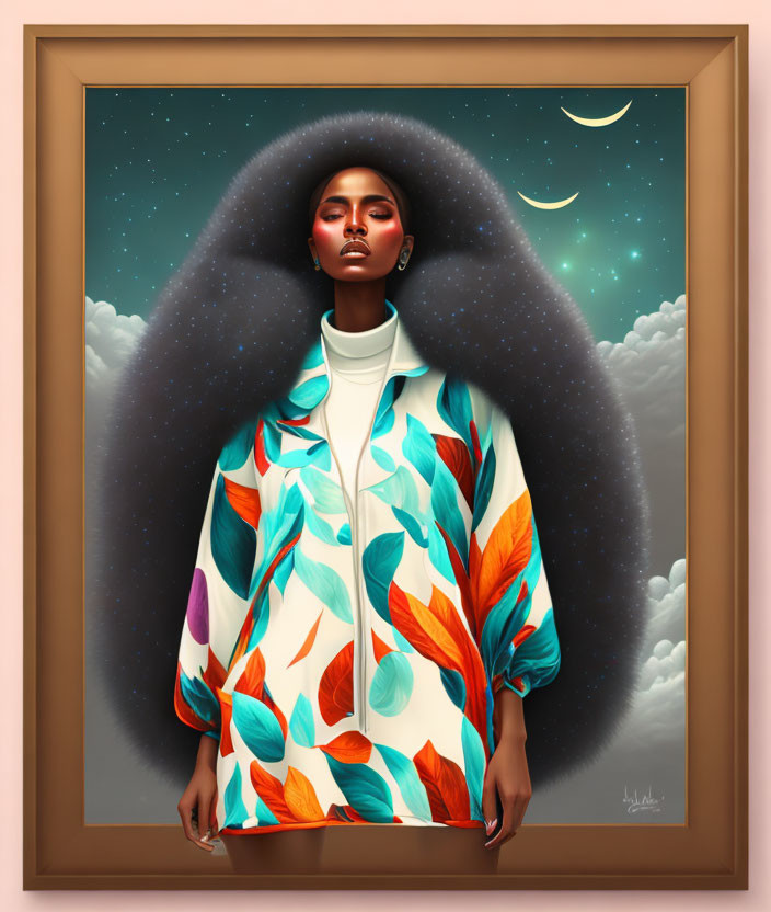 Woman with Afro in Starry Sky & Leaf Jacket Among Clouds