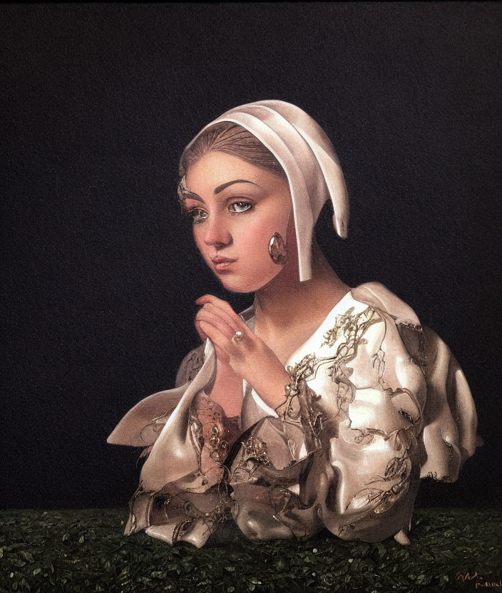 Pensive woman in white headdress and golden blouse against dark background