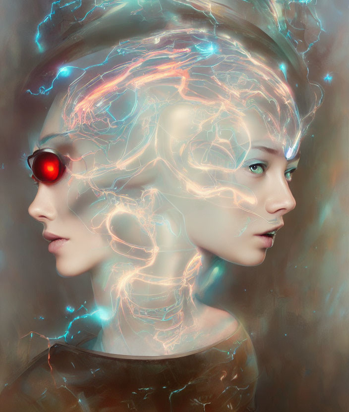 Two female faces in profile with luminous, electric vein-like patterns, one featuring a red cybernet