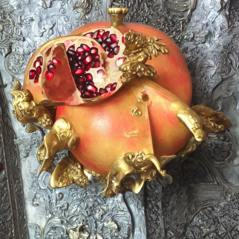 Gold-Painted Pomegranate Decor with Lion Heads on Patterned Background