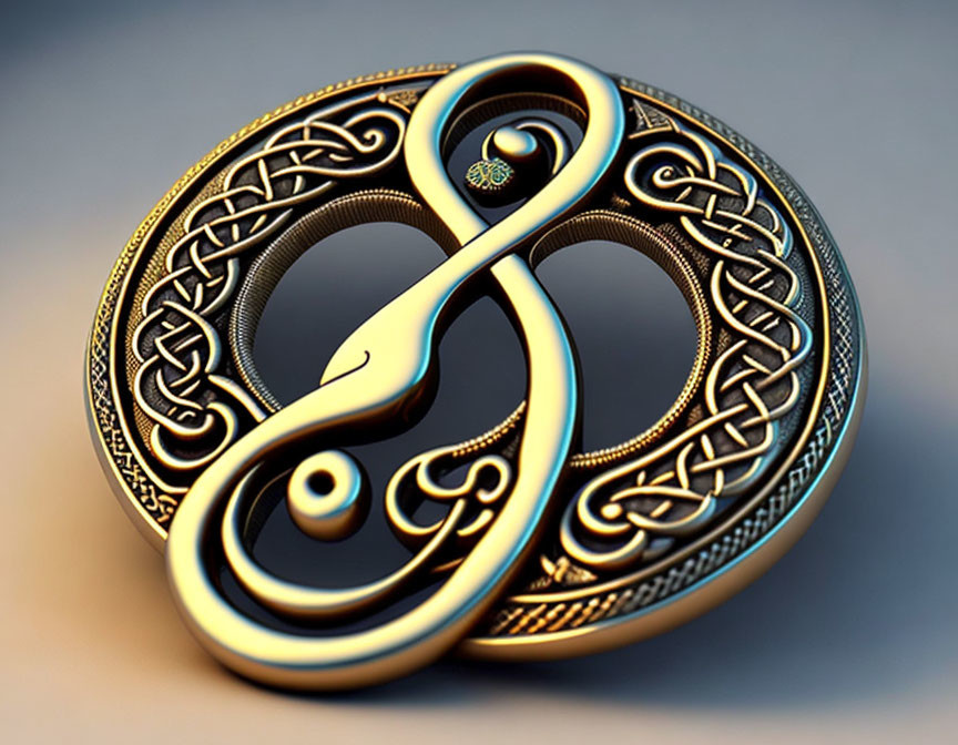 Celtic infinity symbol with ornate knot patterns and green gemstone