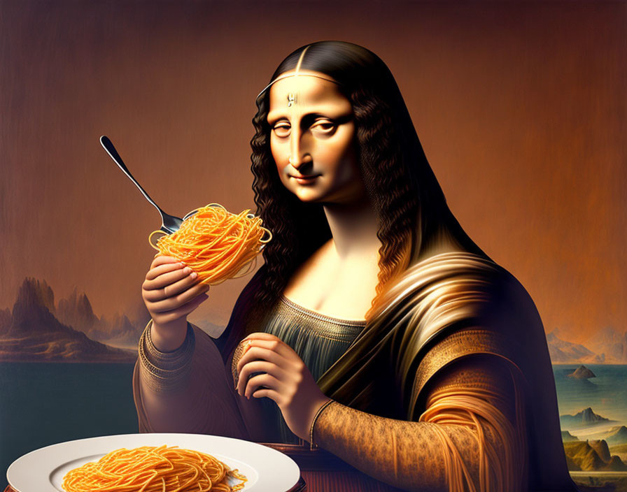 Whimsical Mona Lisa with fork in surreal landscape