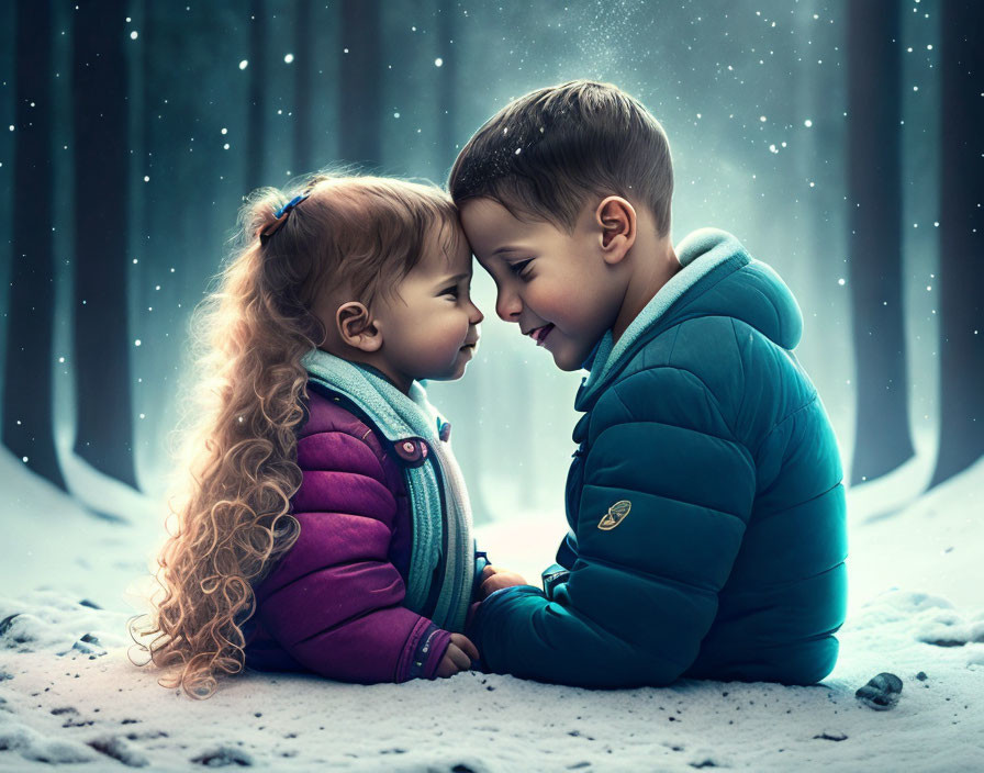 Children in winter coats sitting close in snowy forest