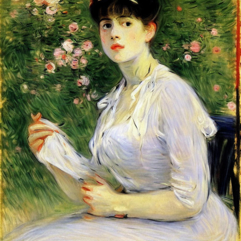 Portrait of Young Woman in White Blouse Surrounded by Green Foliage and Pink Flowers