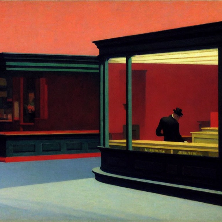 Solitary Figure in Diner at Night with Bold Colors