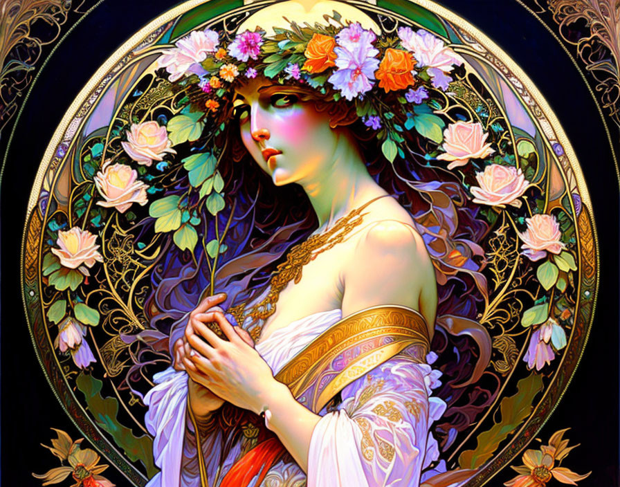 Art Nouveau-style woman with floral wreath and beads on ornate background