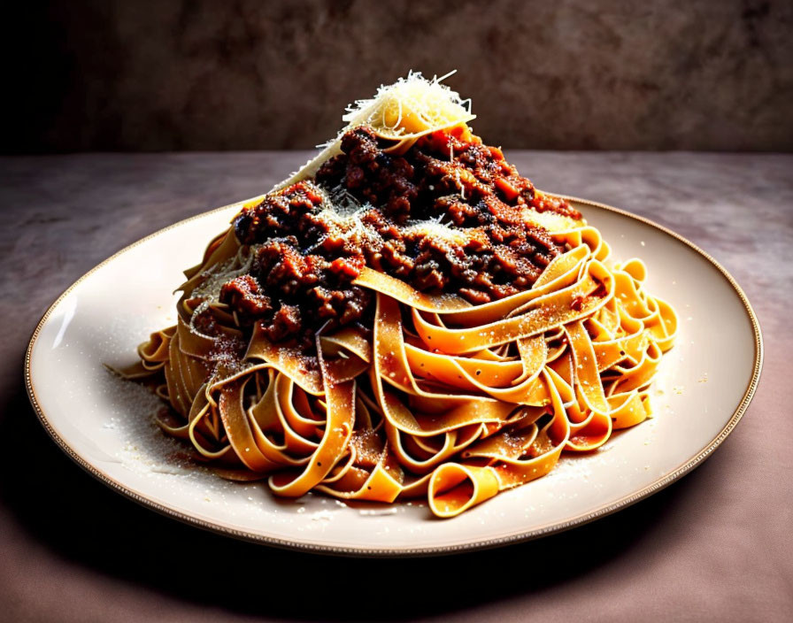 Freshly Made Fettuccine Pasta with Rich Meat Sauce and Grated Cheese