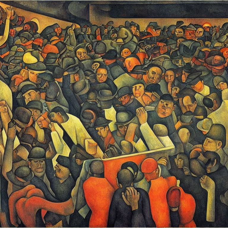 Earth-toned faceless figures in a dense crowd illustration.