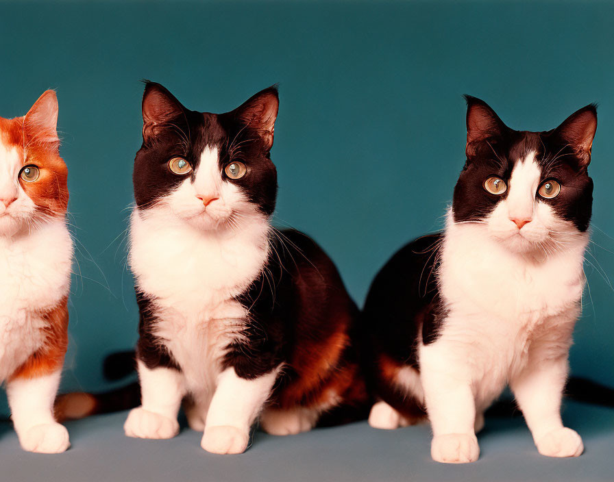 Colorful Cats Sitting Together on Teal Background