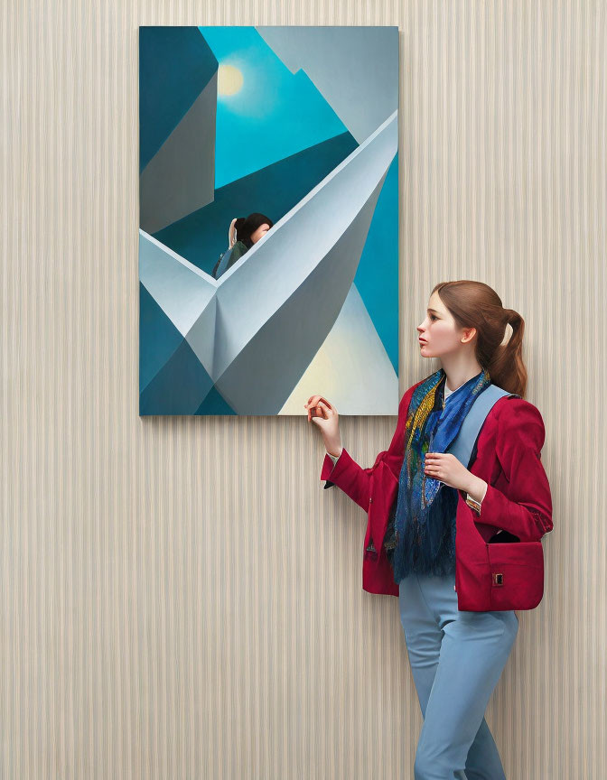 Woman in red jacket gazes at surreal canvas with person in paper boat