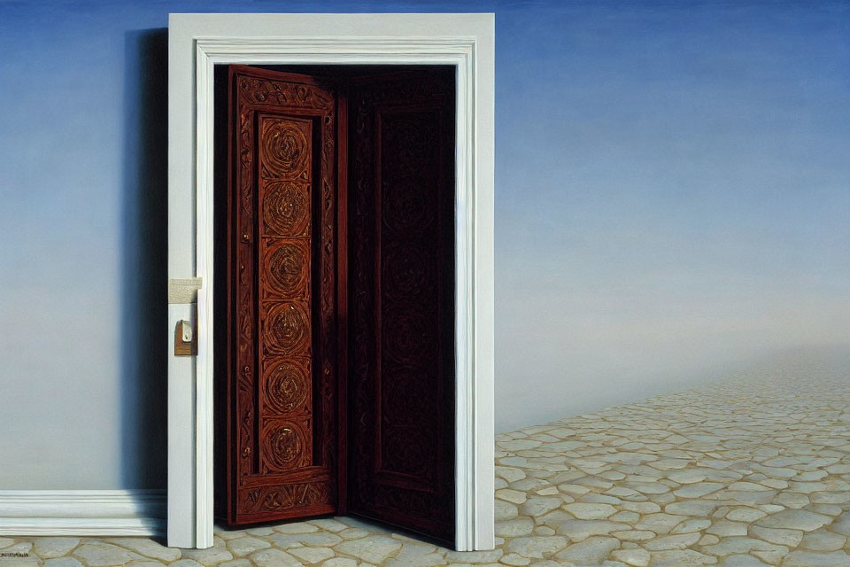 Ornate Wooden Door Ajar Revealing Surreal Landscape