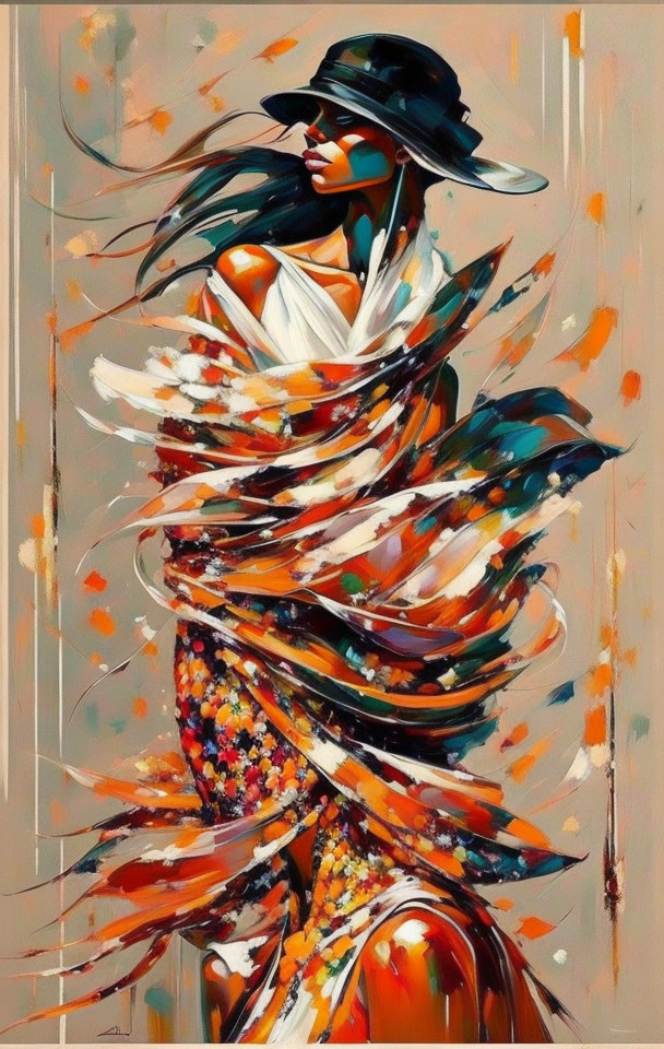 Colorful abstract painting of a woman in swirling fabric and hat