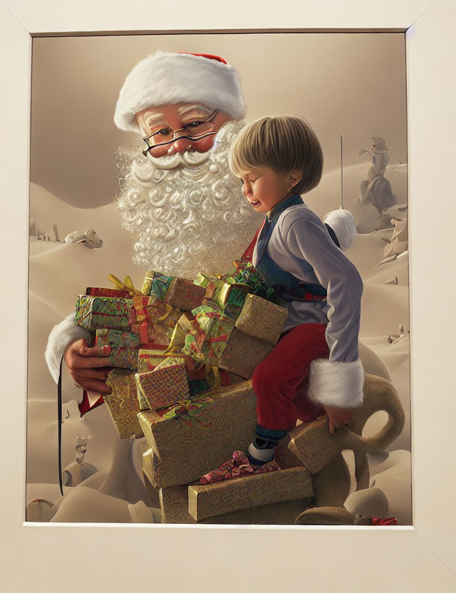 Child sitting on gifts gazes at Santa in warm holiday scene