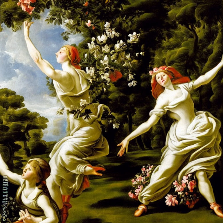 Three Women Dancing in Classical Attire Amid Lush Garden