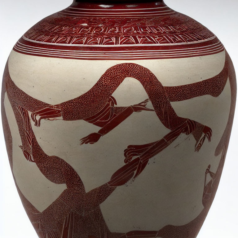 Intricate Brown and Cream Pottery Vase with Stylized Human Figures