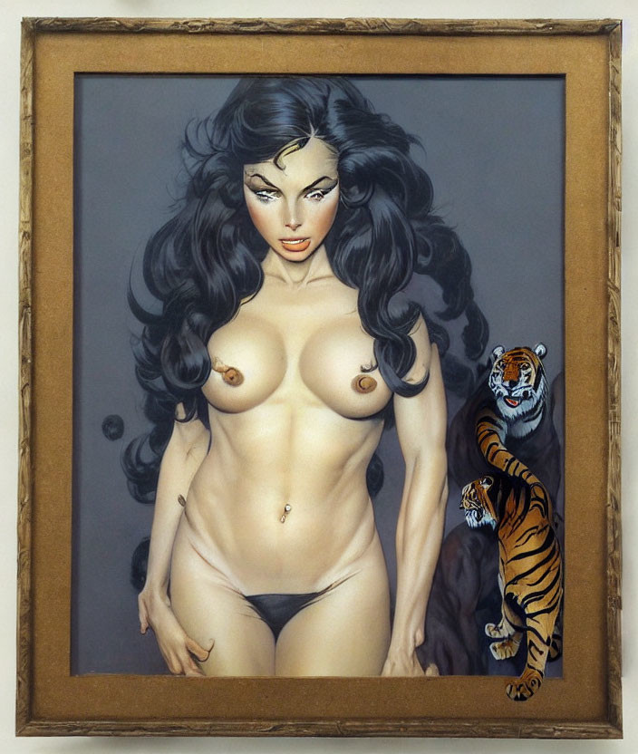 Stylized woman with dark hair and tiger on simple background