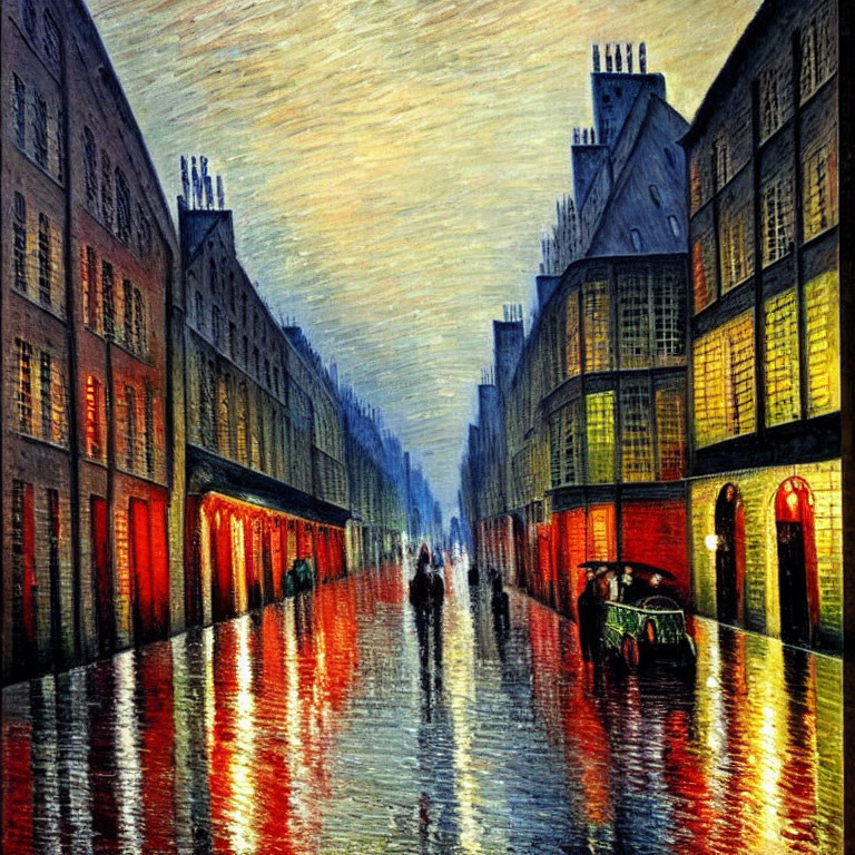 Rainy Evening Cityscape Painting with Illuminated Buildings and Silhouettes