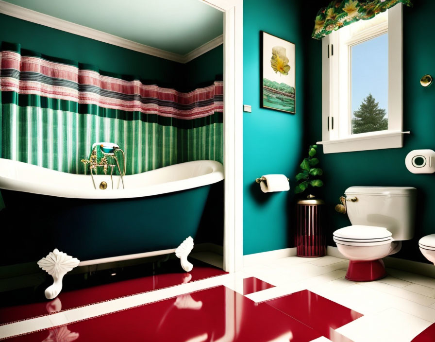 White Clawfoot Tub in Stylish Bathroom with Green Striped Walls and Red Floor