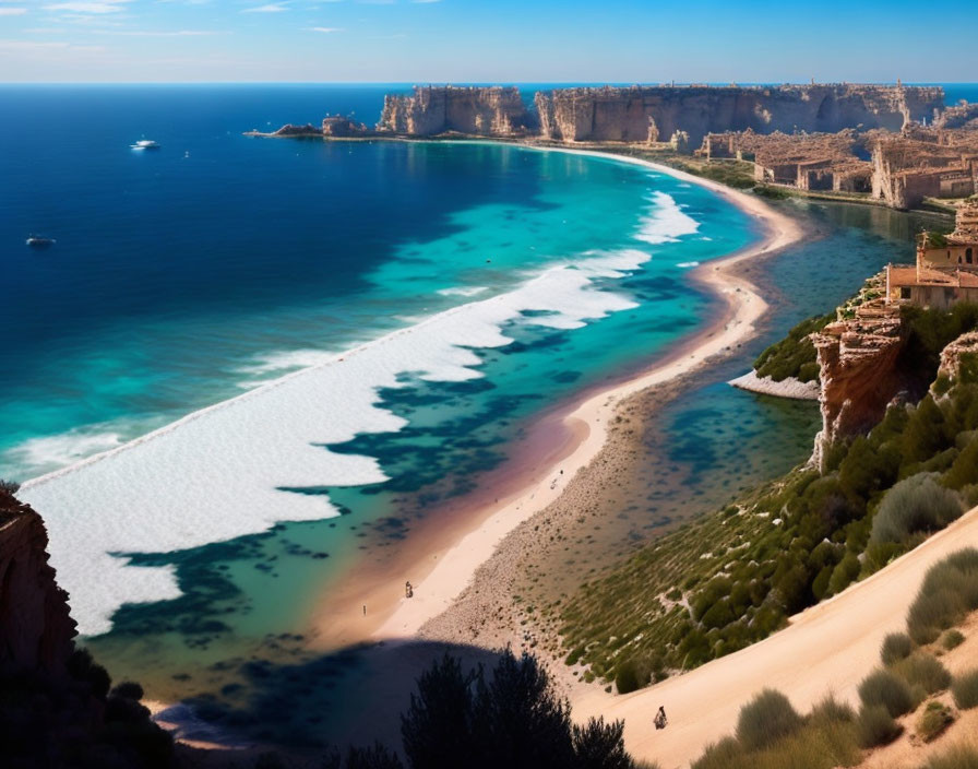 Wide Beach, Turquoise Waters, Cliffs: Coastal Landscape with Strolling People