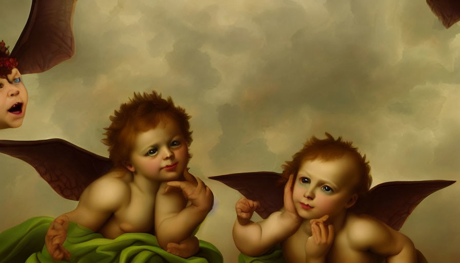 Cherubic figures with bat-like wings on cloudy background