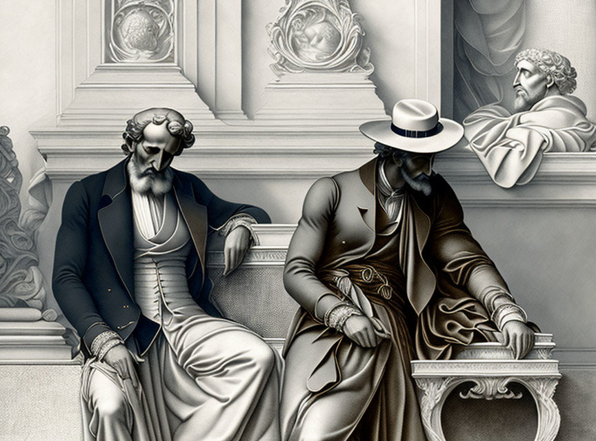 Stylized 19th-Century Gentlemen with Classical Architecture