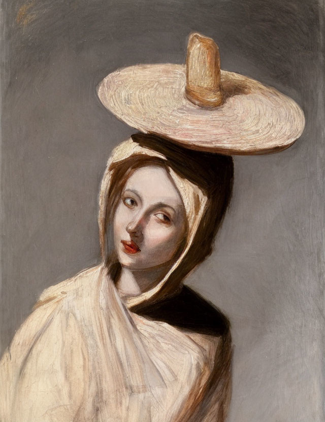 Woman Portrait with Large Straw Hat and White Scarf on Neutral Background