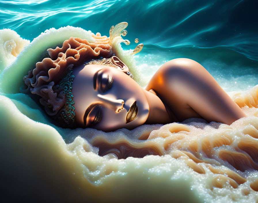 Surreal illustration of woman's face merging with ocean waves and sea foam hair