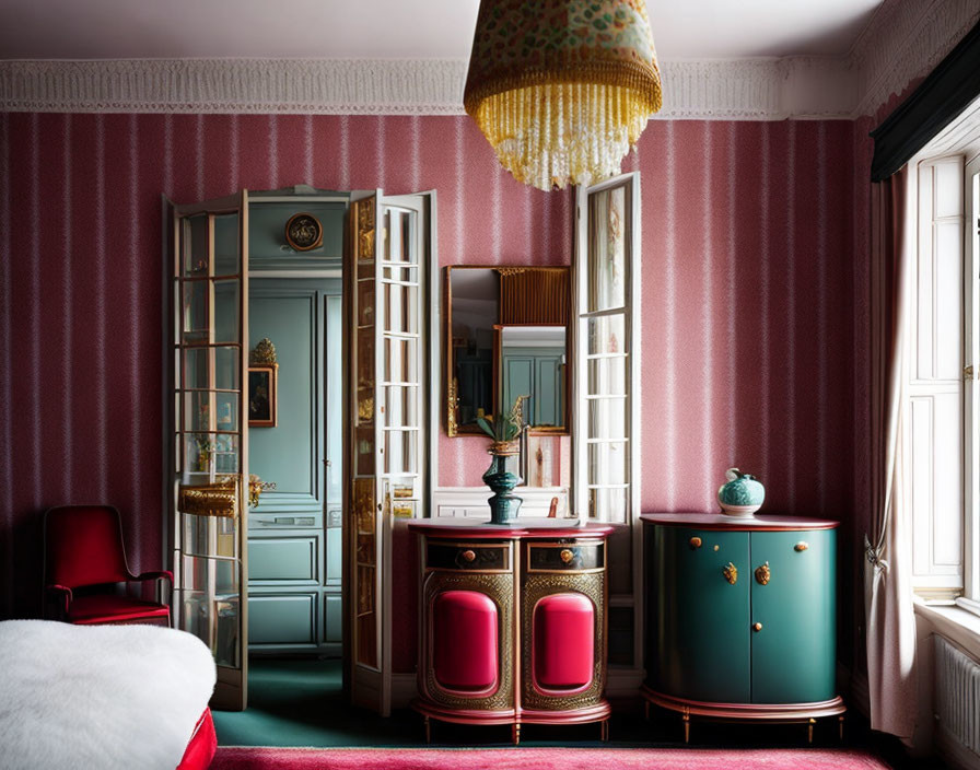 Luxurious Vintage Room with Red and Gold Wallpaper