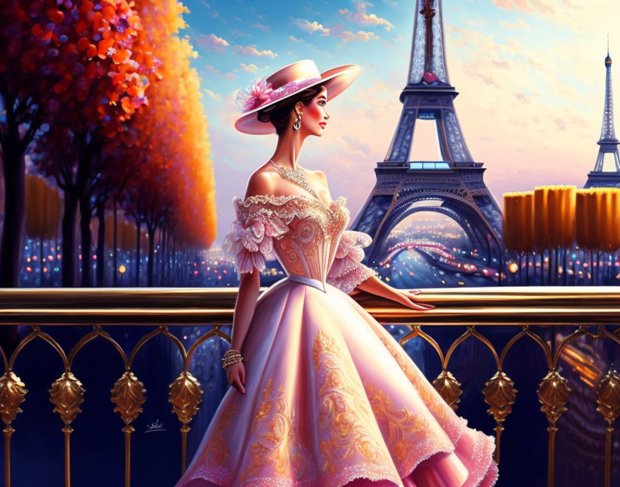 Vintage pink dress woman by Eiffel Tower balcony at evening