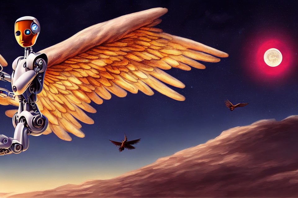 Feathered wing humanoid robot soaring above barren landscape at sunset