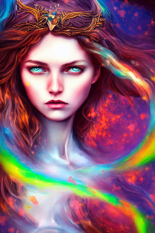 Vivid blue-eyed woman with fiery hair and golden crown in cosmic setting