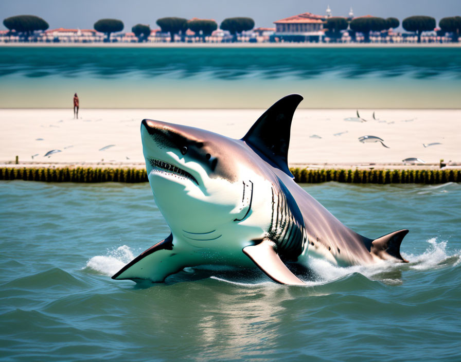 Giant shark in water with person nearby