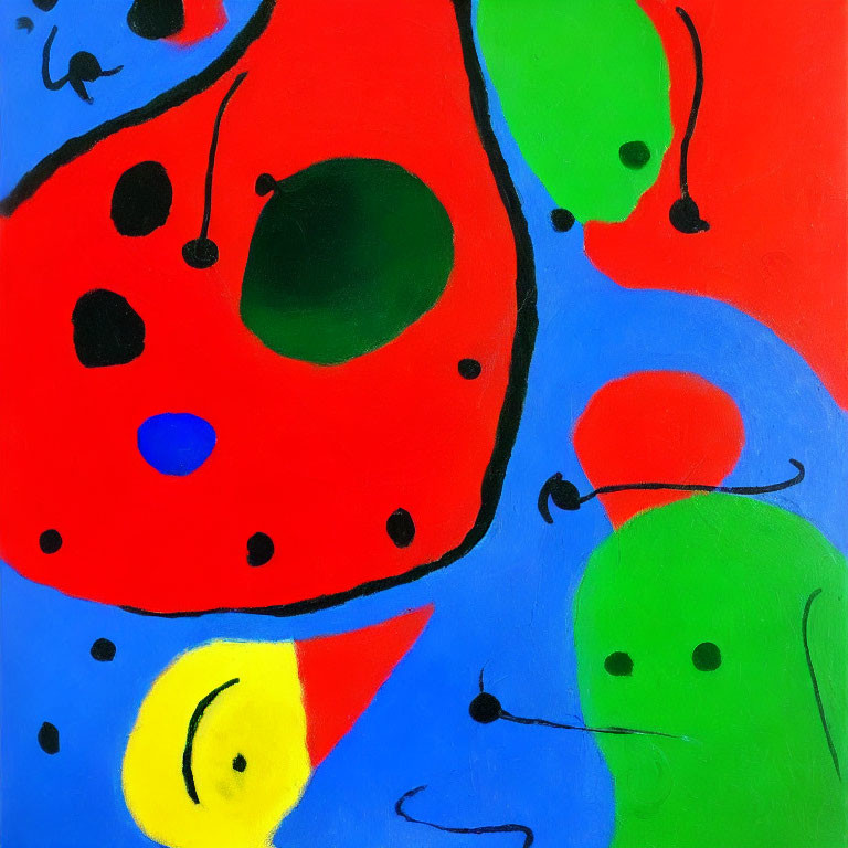 Vibrant abstract painting with primary colors and black spots