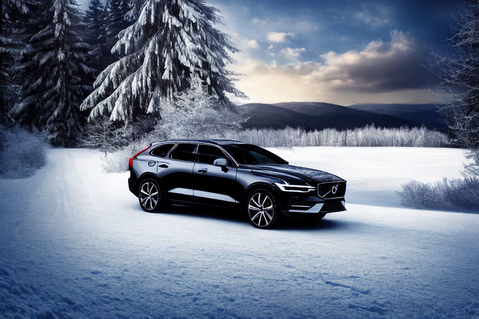 Snowy Road Scene: Black SUV, Snow-Covered Trees, Mountains, Cloudy Sky