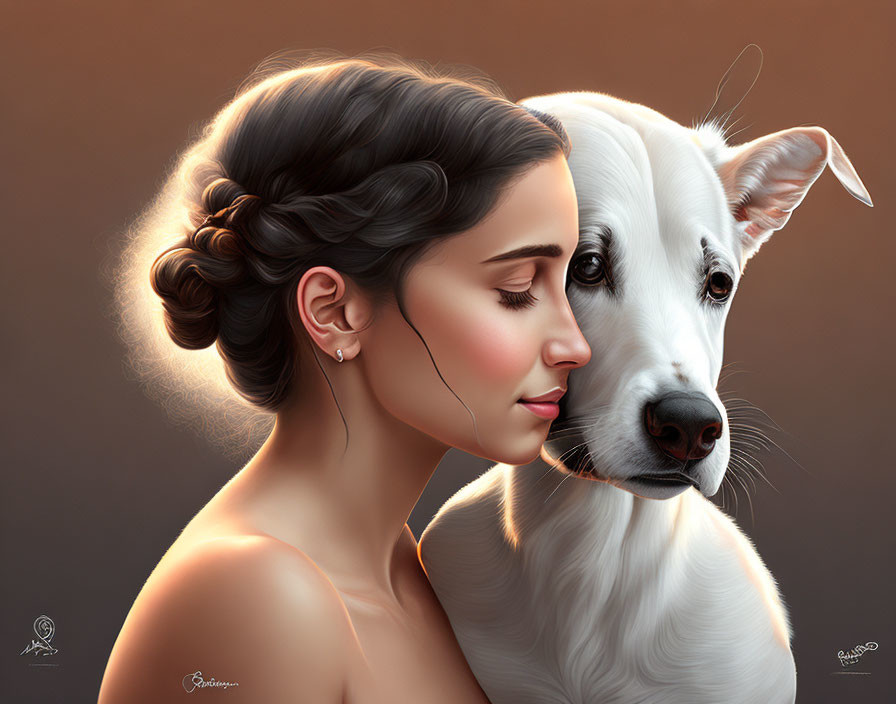 Woman with elegant hairstyle resting cheek on white dog with perky ears