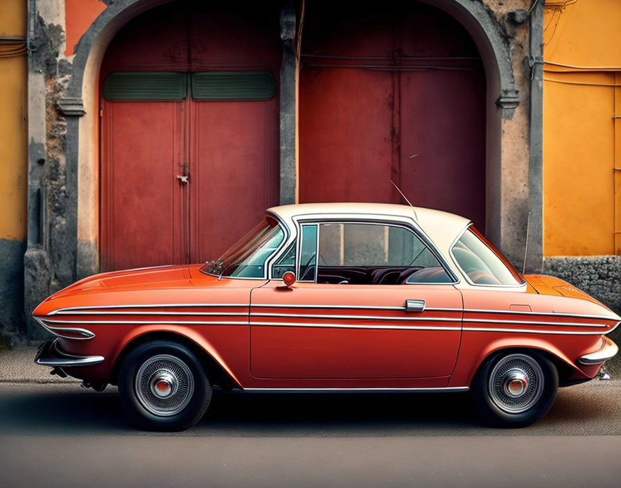 Vintage red and white car parked by orange building with green doors