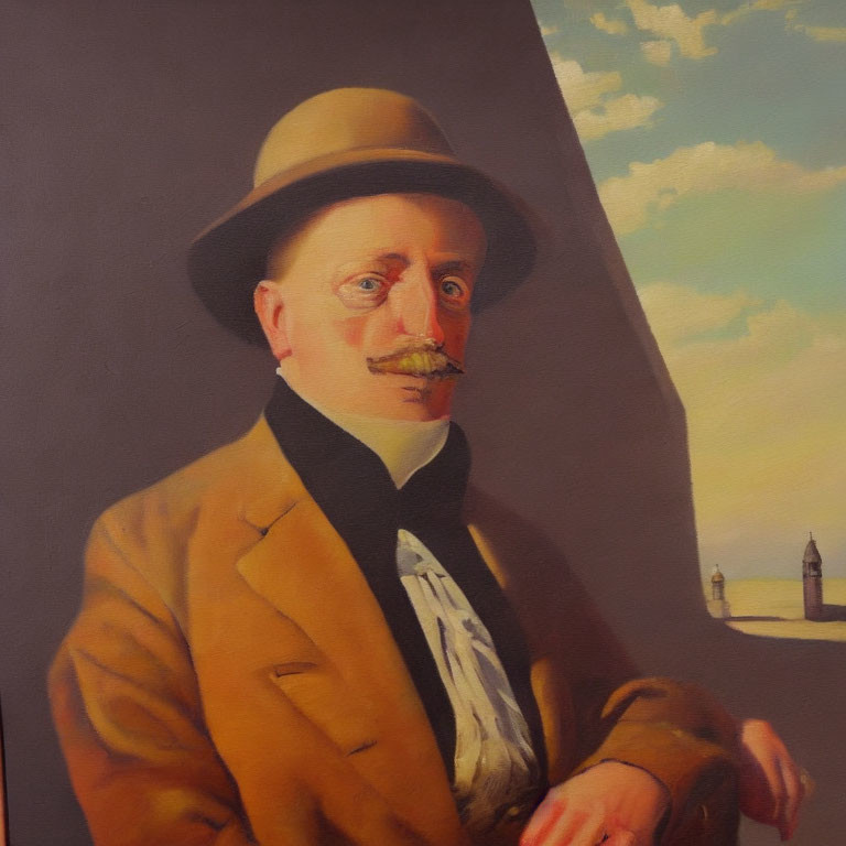 Man in Tan Suit with Mustache and Brown Hat Against Cloudy Sky and Wall